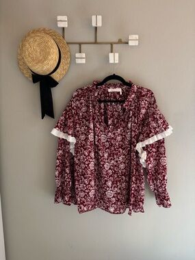 See by Chloe Floral Red White Printed V-Neck Tie Ruffle Blouse 44/12